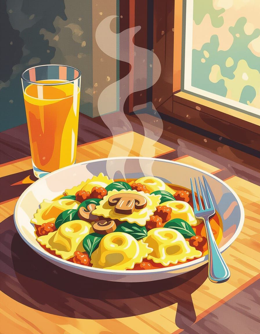 Steaming Ravioli with Sausage, Spinach, and Orange Juice