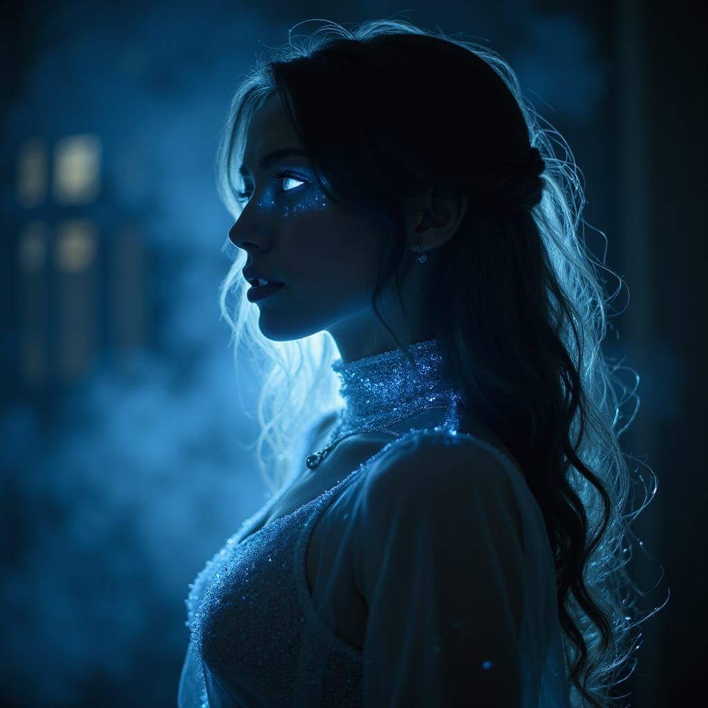 Mysterious Woman with Glowing Eyes in Ethereal Stardust