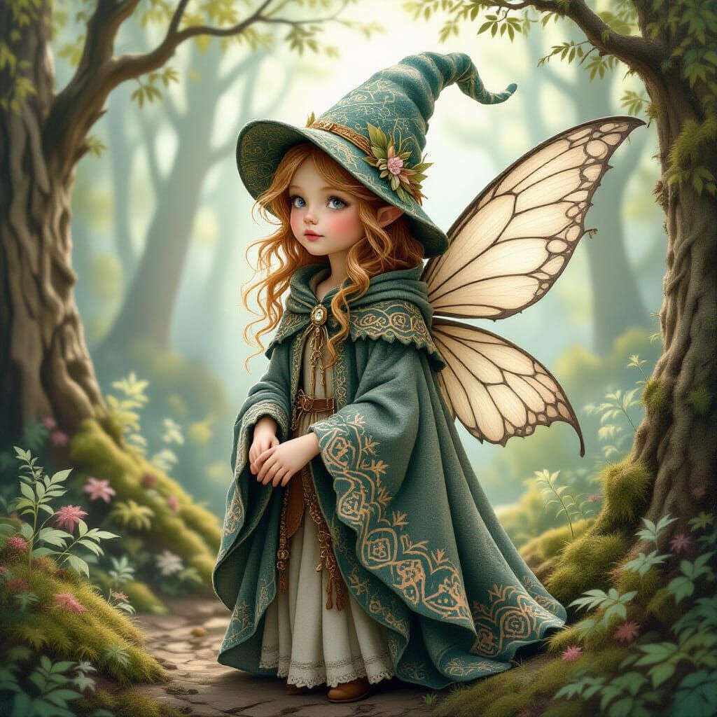 Knitted Fairy in Whimsical Forest, Dreamy Art
