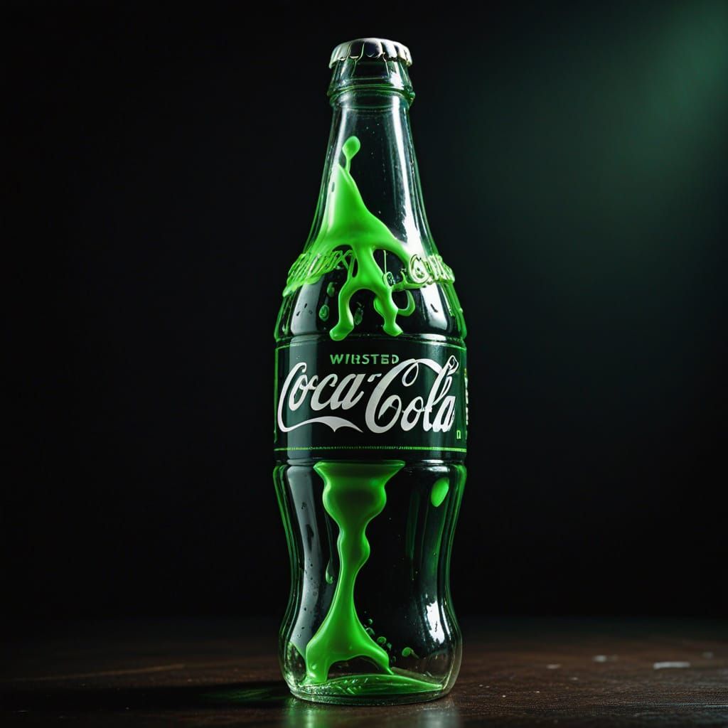 Distorted Coca-Cola Bottle in Eerie Green Liquid, Inspired b...