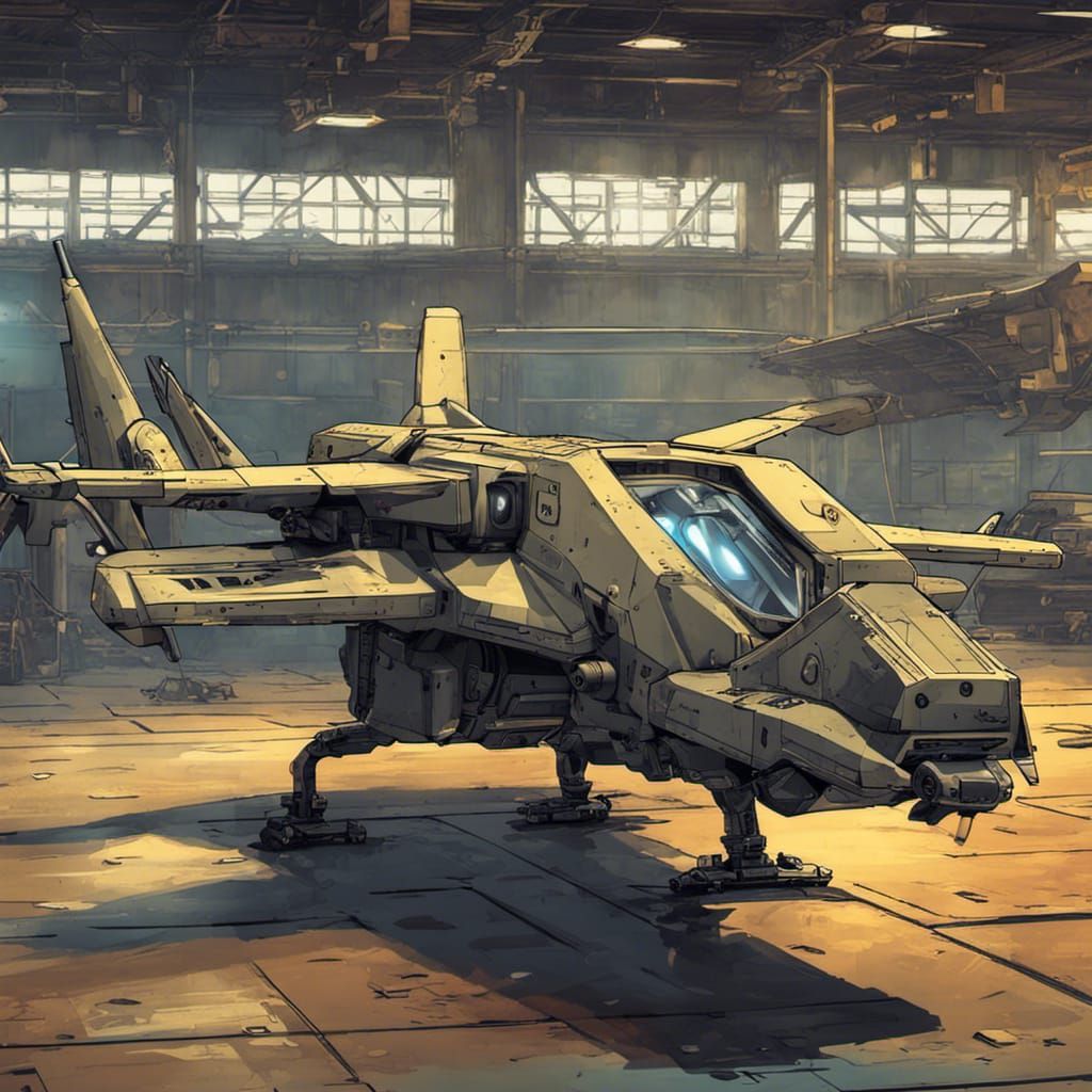 Cyberpunk Military Drone in Hangar
