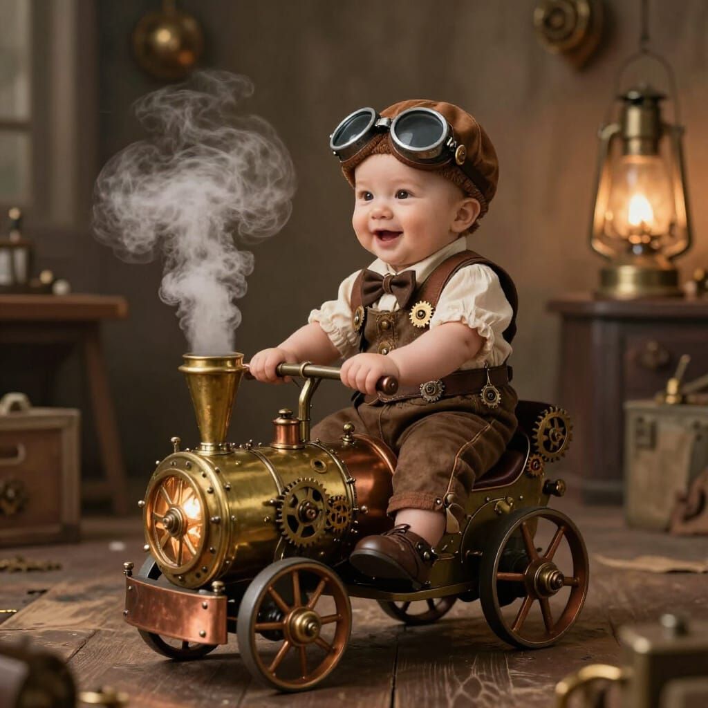 Baby in Steampunk Outfit Rides Toy Engine