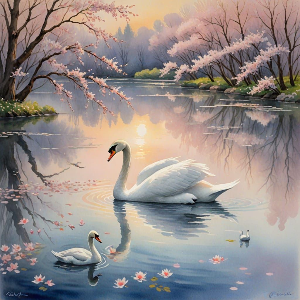 Serene Swan in Cherry Blossom Haven