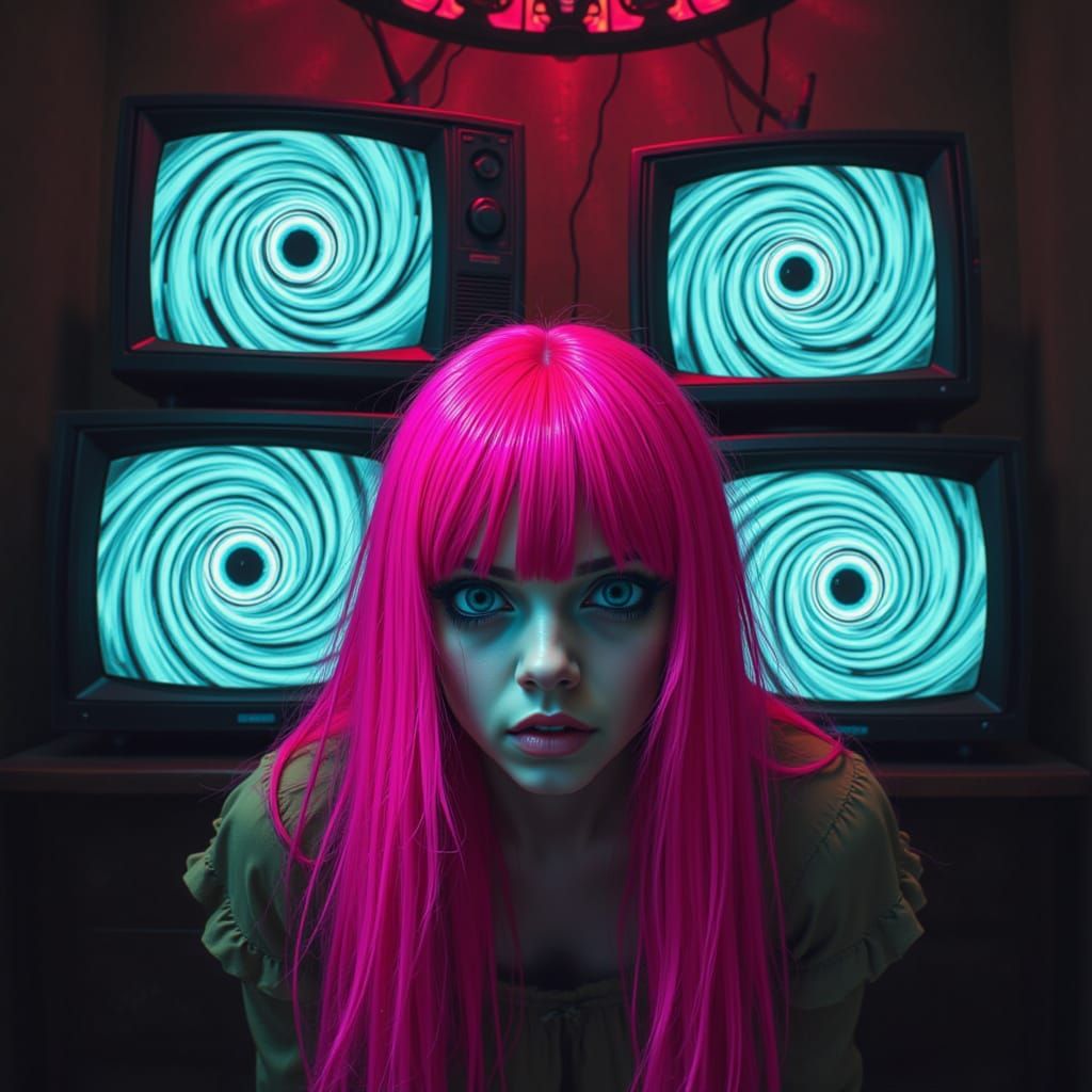 Horrorcore Woman with Spiraling Eyes and TVs