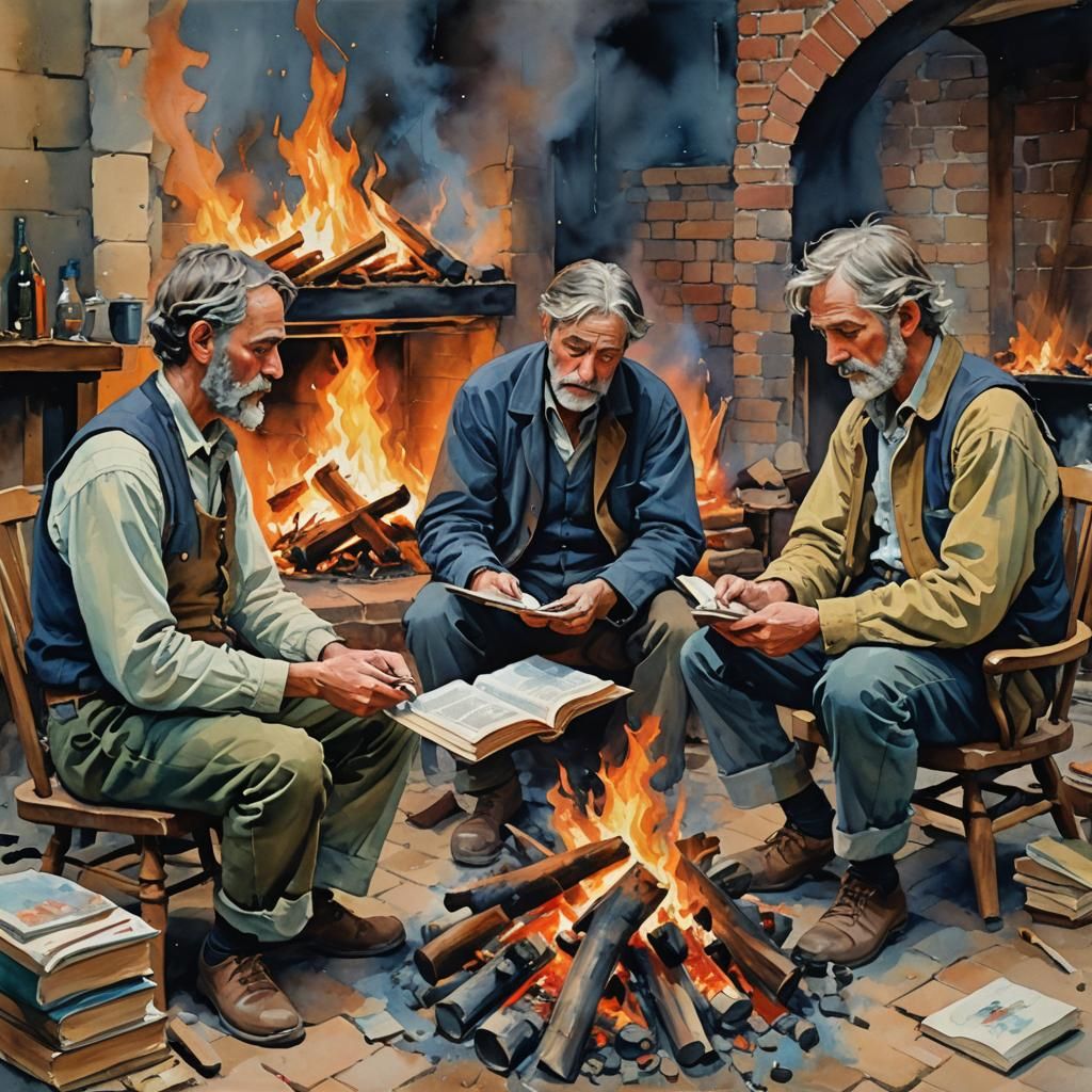 Campfire Readers in Gouache Style Impressionism