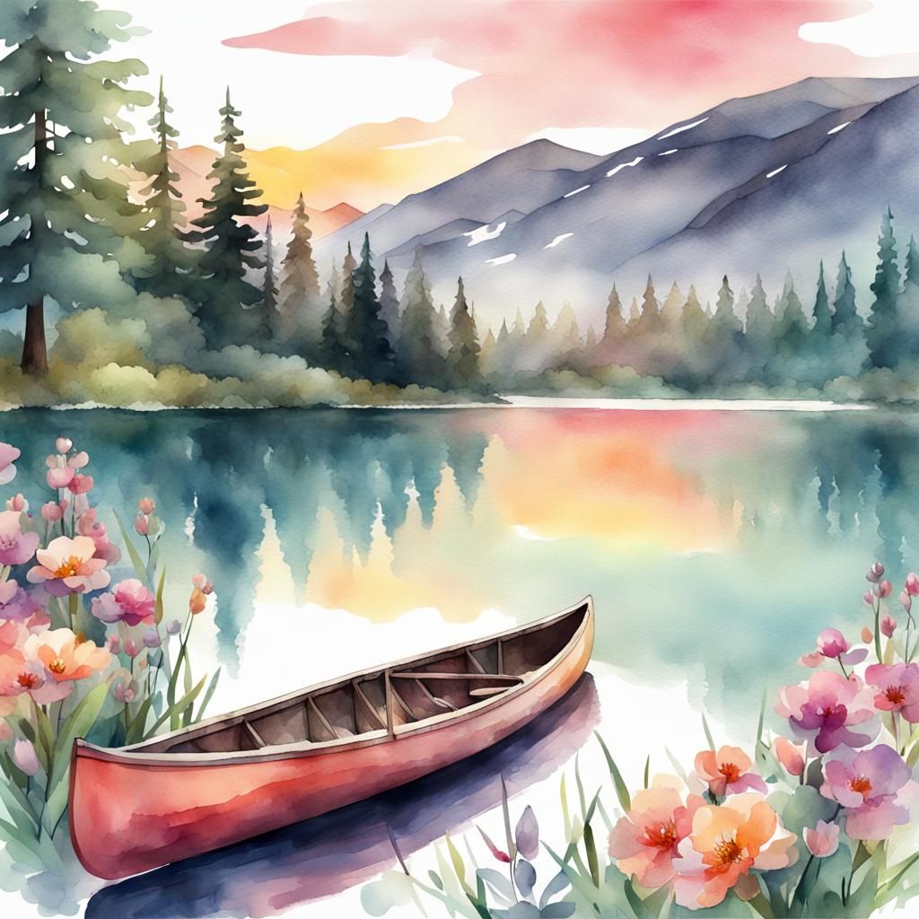 Tranquil Lake Digital Watercolor Illustration at Sunset