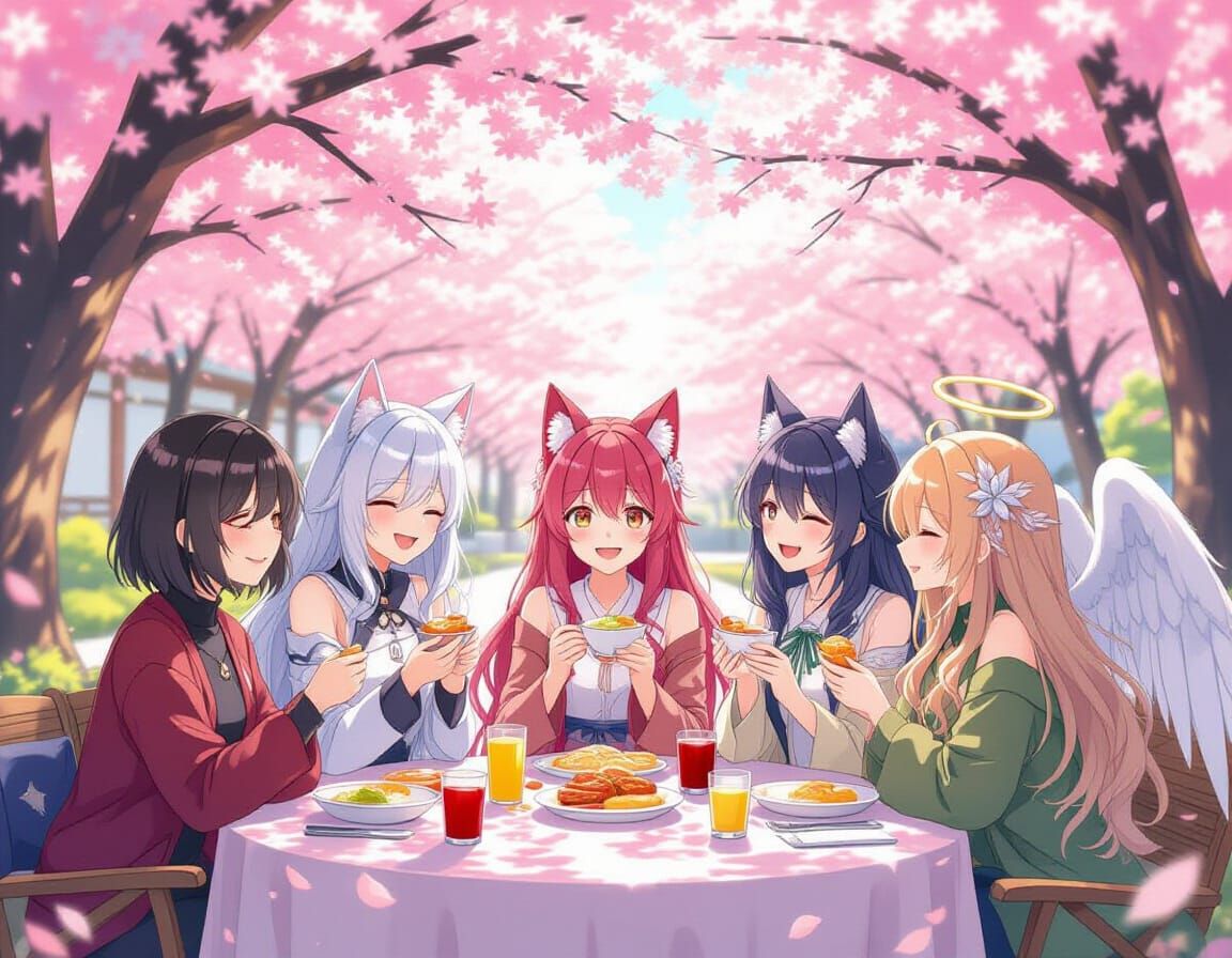 Anime Friends Feast Under Cherry Blossoms