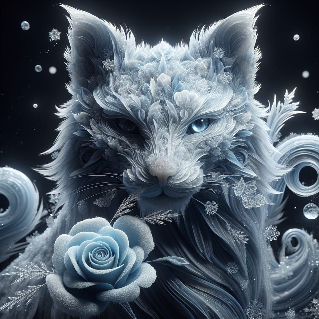 Mystical Ice Cat with Rose in Winter Wonderland