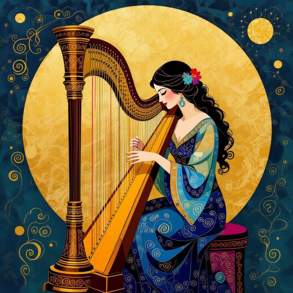 Celestial Cat Harpist in Klimt and Chagall Style