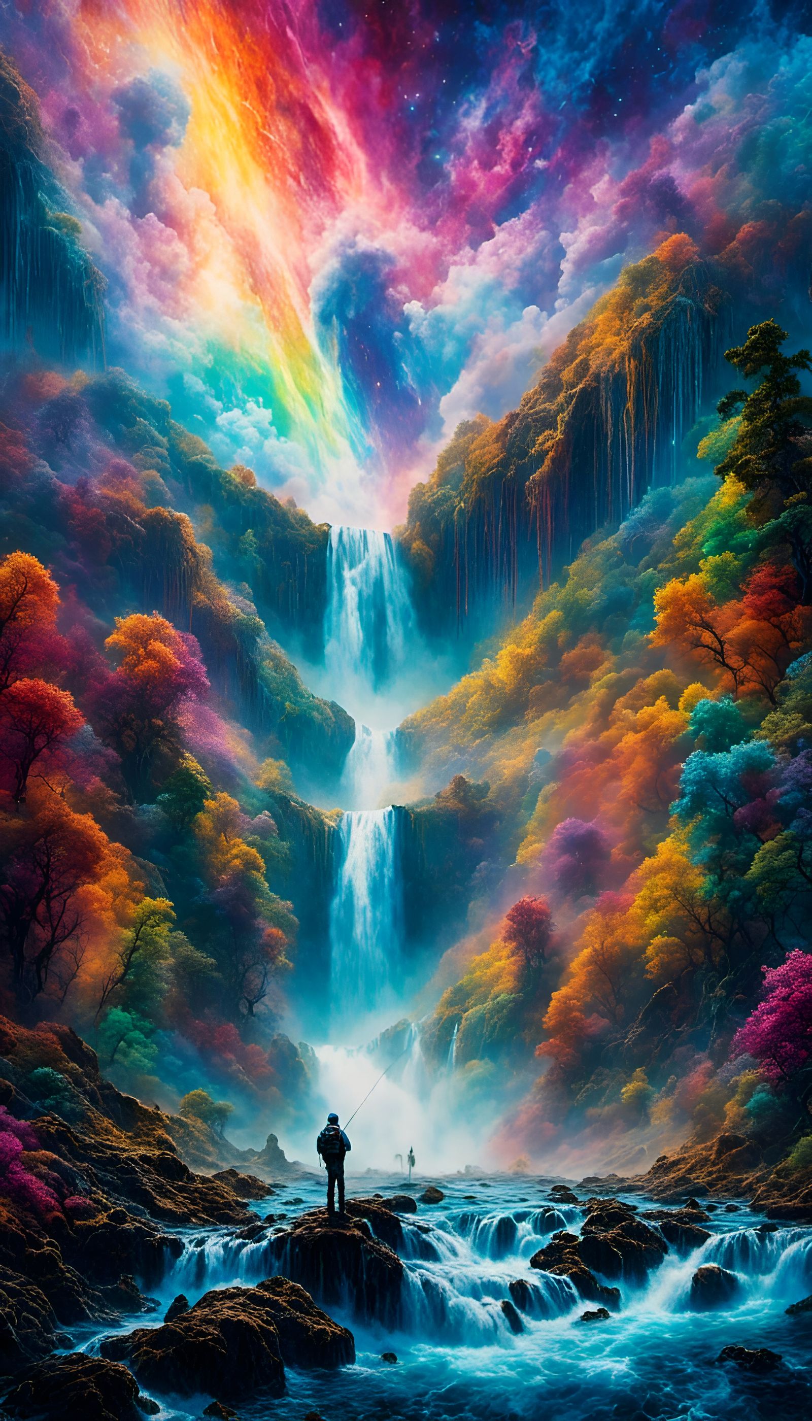 Rainbow Waterfall Fly Fishing in Cosmic Space
