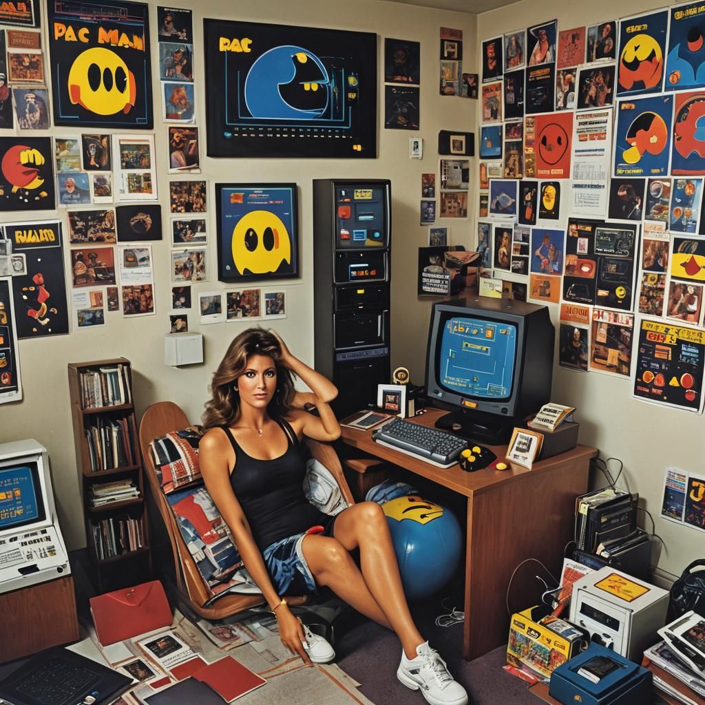 Retro 80s Scene with Computer and Pac-Man