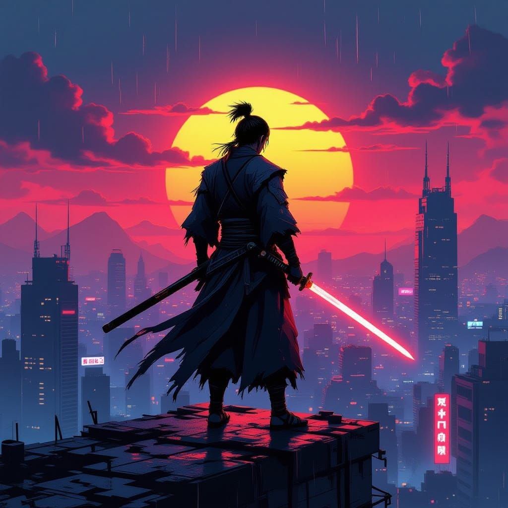Samurai Warrior at Fiery Sunset Over Neon City