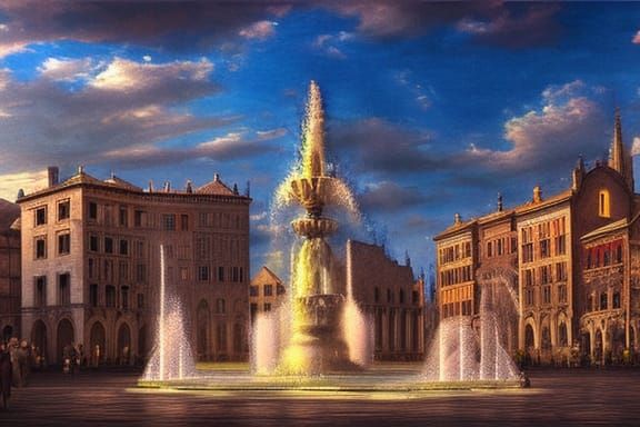 Renaissance City Square Fountain Oil Painting