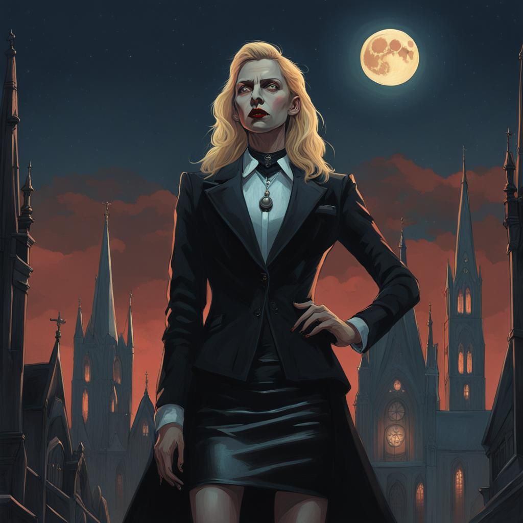 Confident Vampire in Black Suit Under Gothic Moon