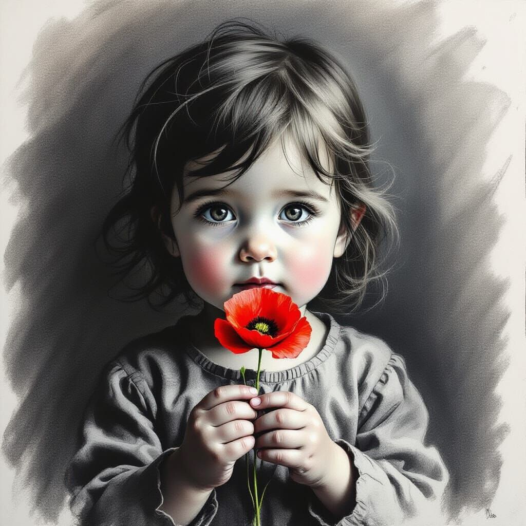 Child Holding Vibrant Poppy in Dramatic Charcoal Style