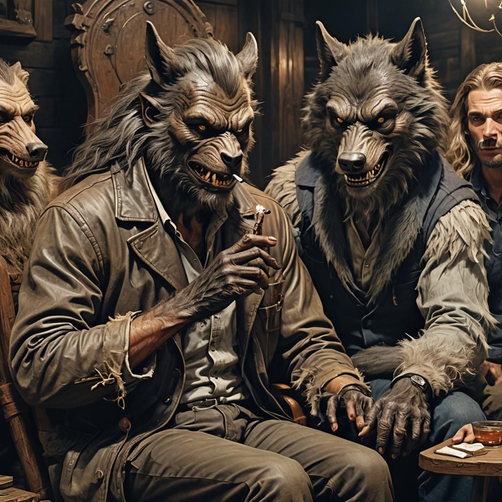 Hyperrealistic Man on Werewolf's Lap Smoking
