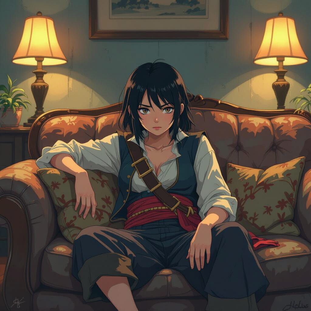 Tired Pirate Nami on Worn Couch