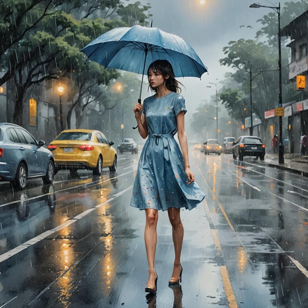 Girl with Umbrella on Rainy Road in Watercolor Style