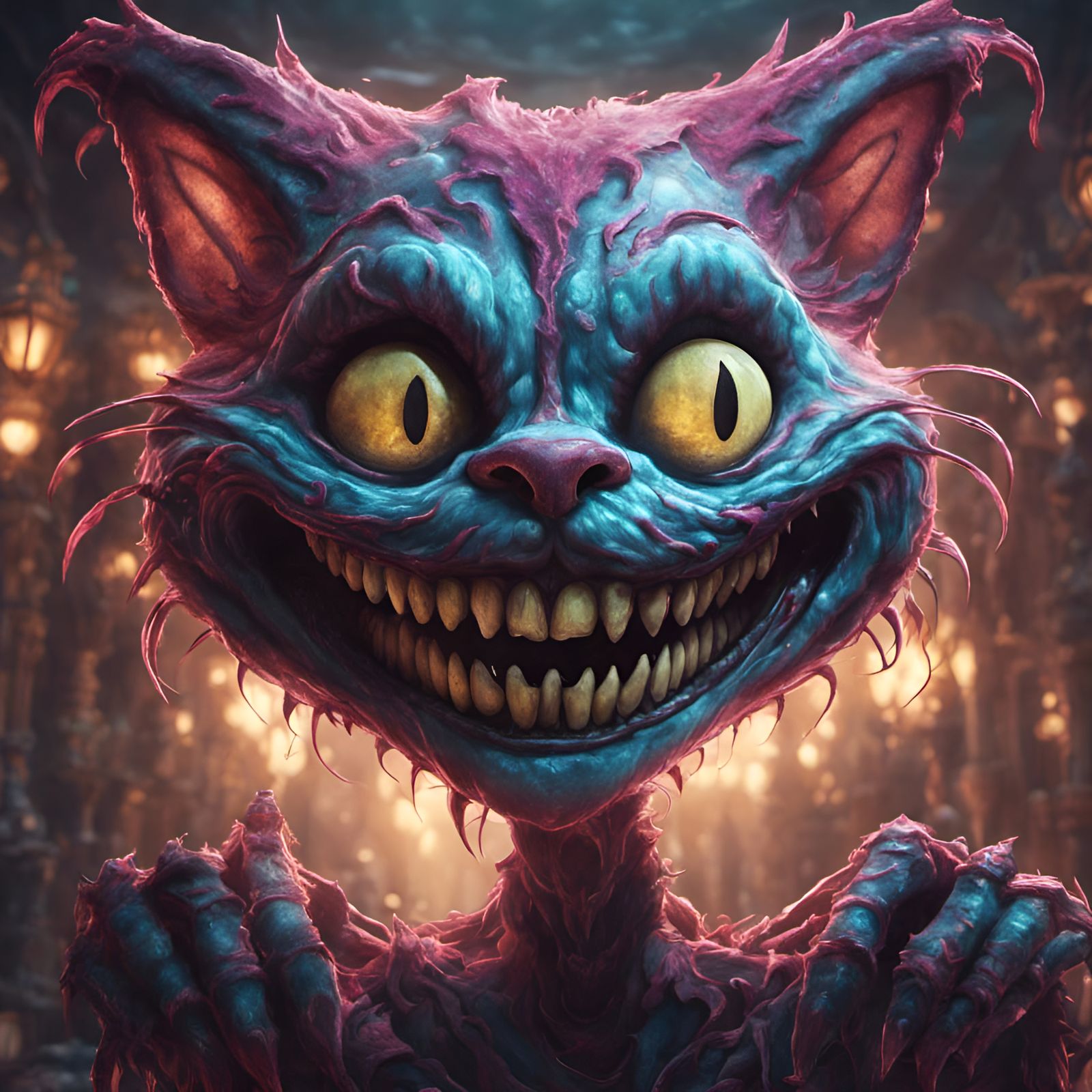 Skeletal Cheshire Cat with Big Smile, Detailed Digital Art