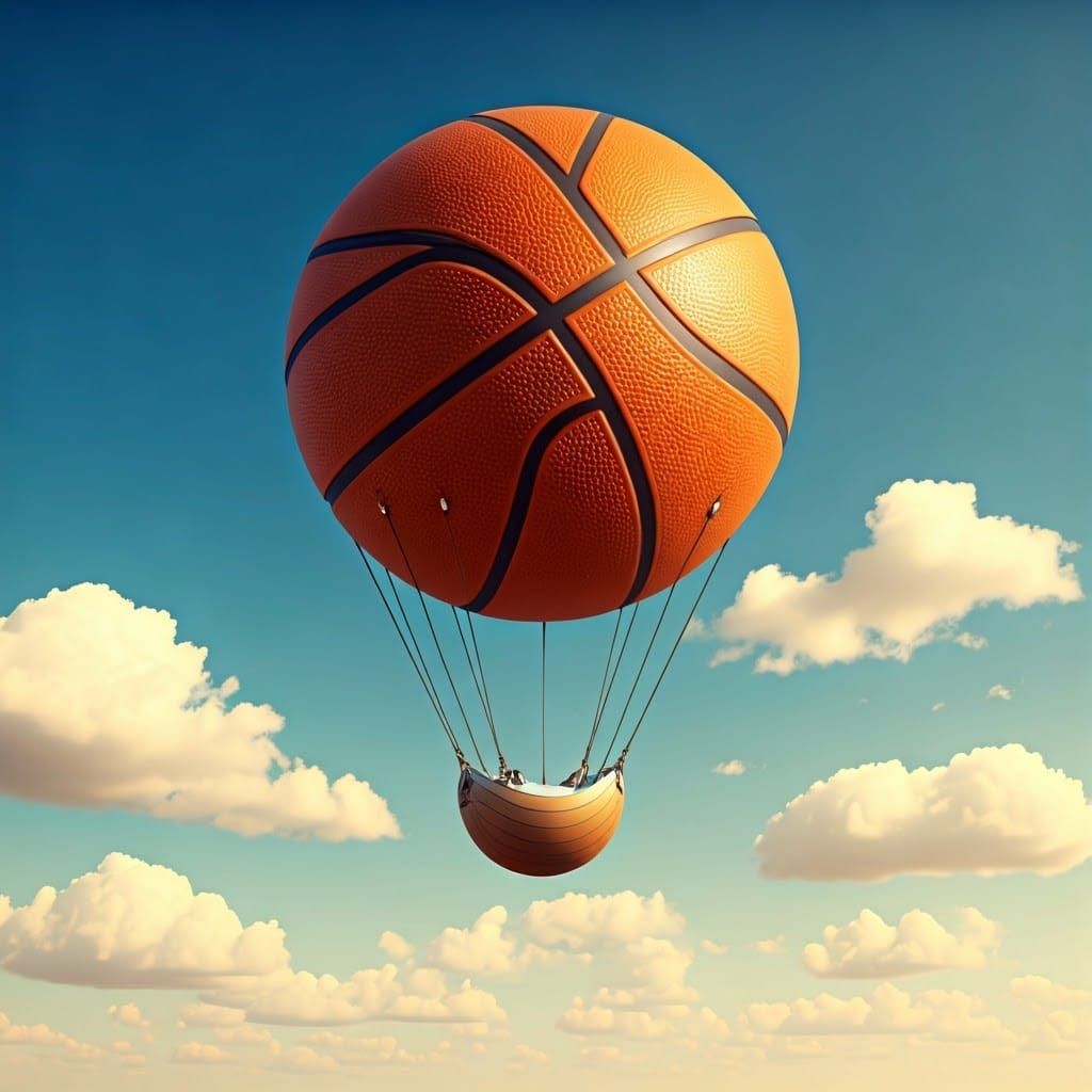 A 3D digital illustration of a vibrant hot air balloon constructed from a collection of sports equipment, the main body ...
