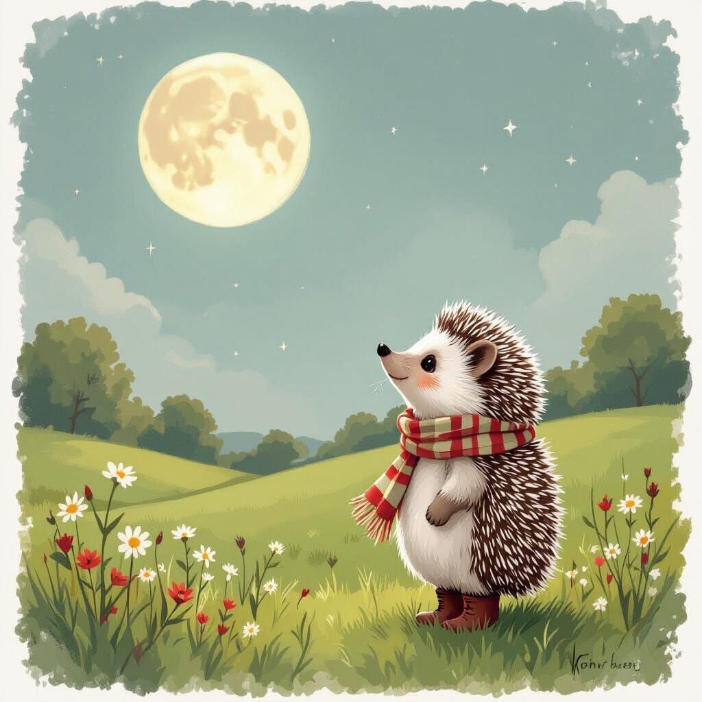 Hedgehog Moon Gazing in Storybook Style