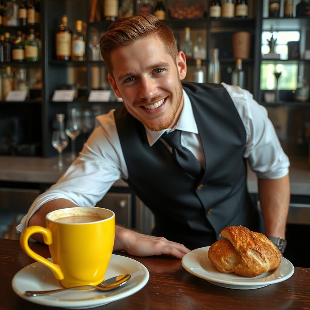 Cappuccino and Brioche with Bartender, Cinematic Style