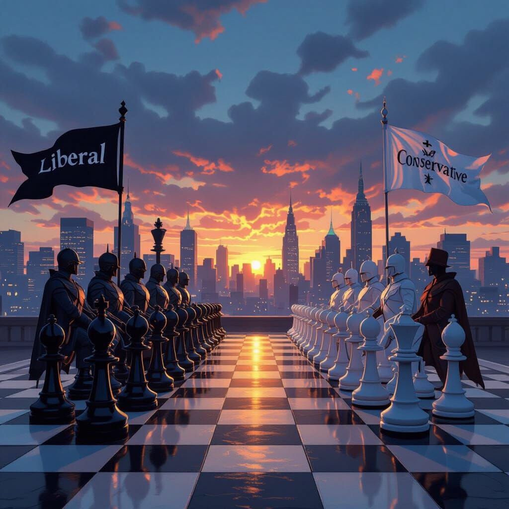 Chessboard Battle of Ideologies Under City Skyline