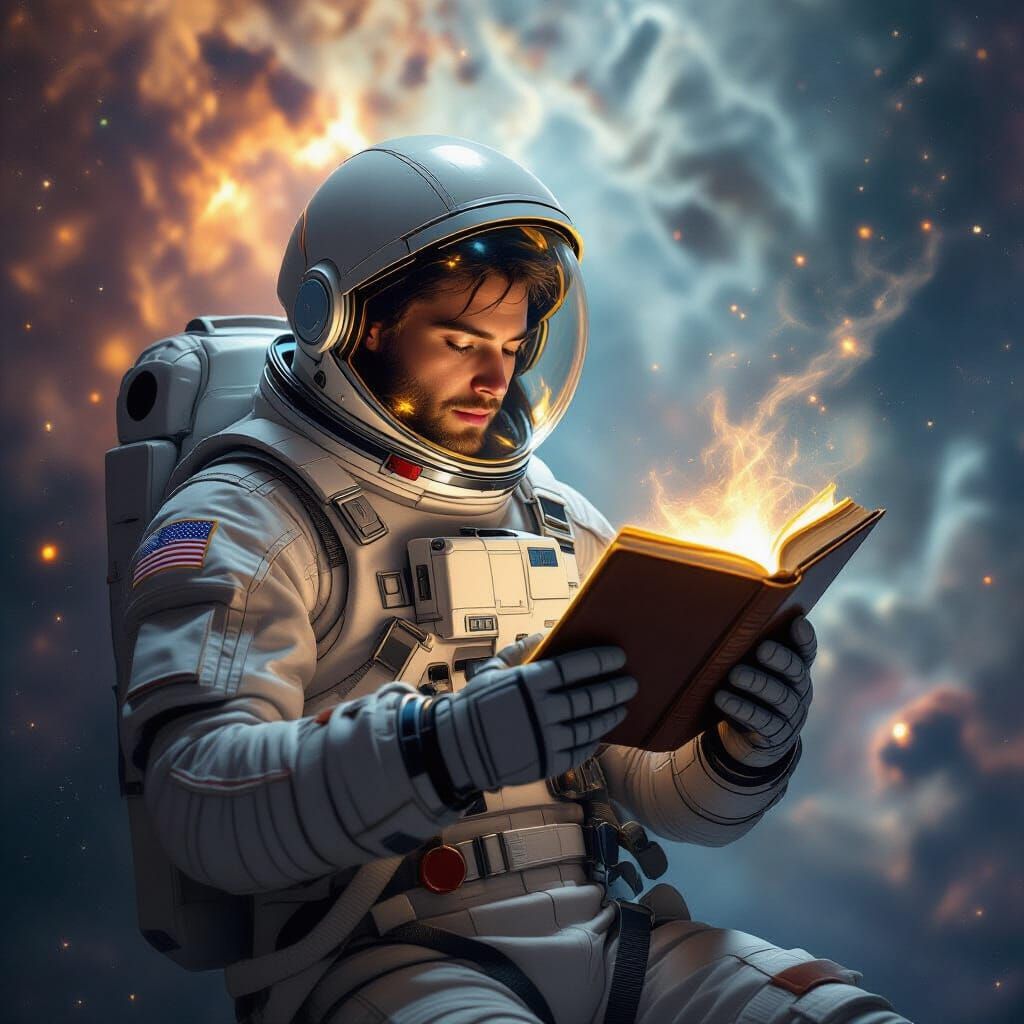 Astronaut Reading in Nebula as Hyperrealism Art