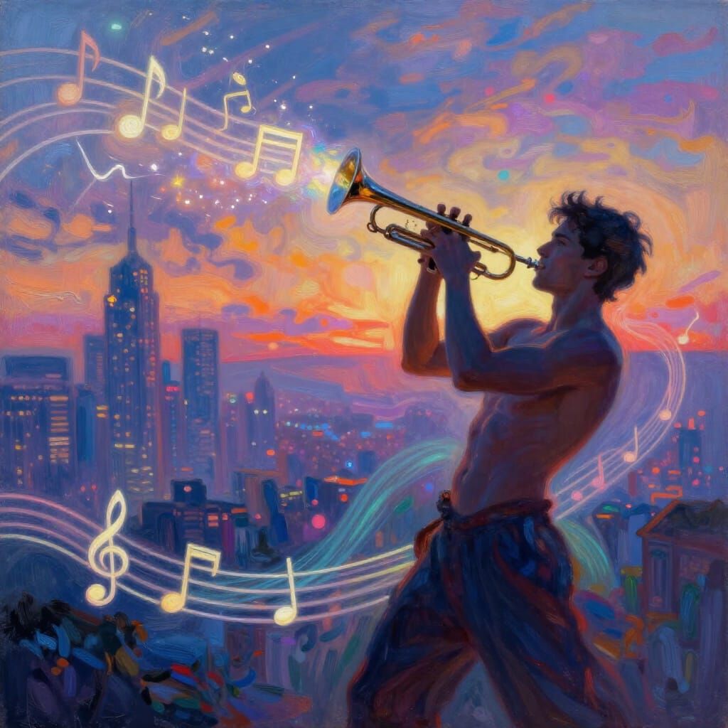 Musician Trumpeting Amidst Harmonious Sound Waves
