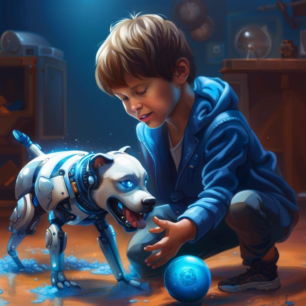 Boy playing with robot dog blue ball