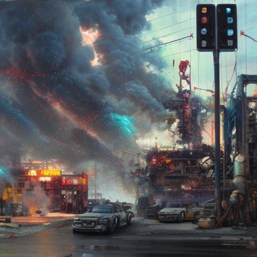 Gas Station Explosion in Dieselpunk Biopunk Style