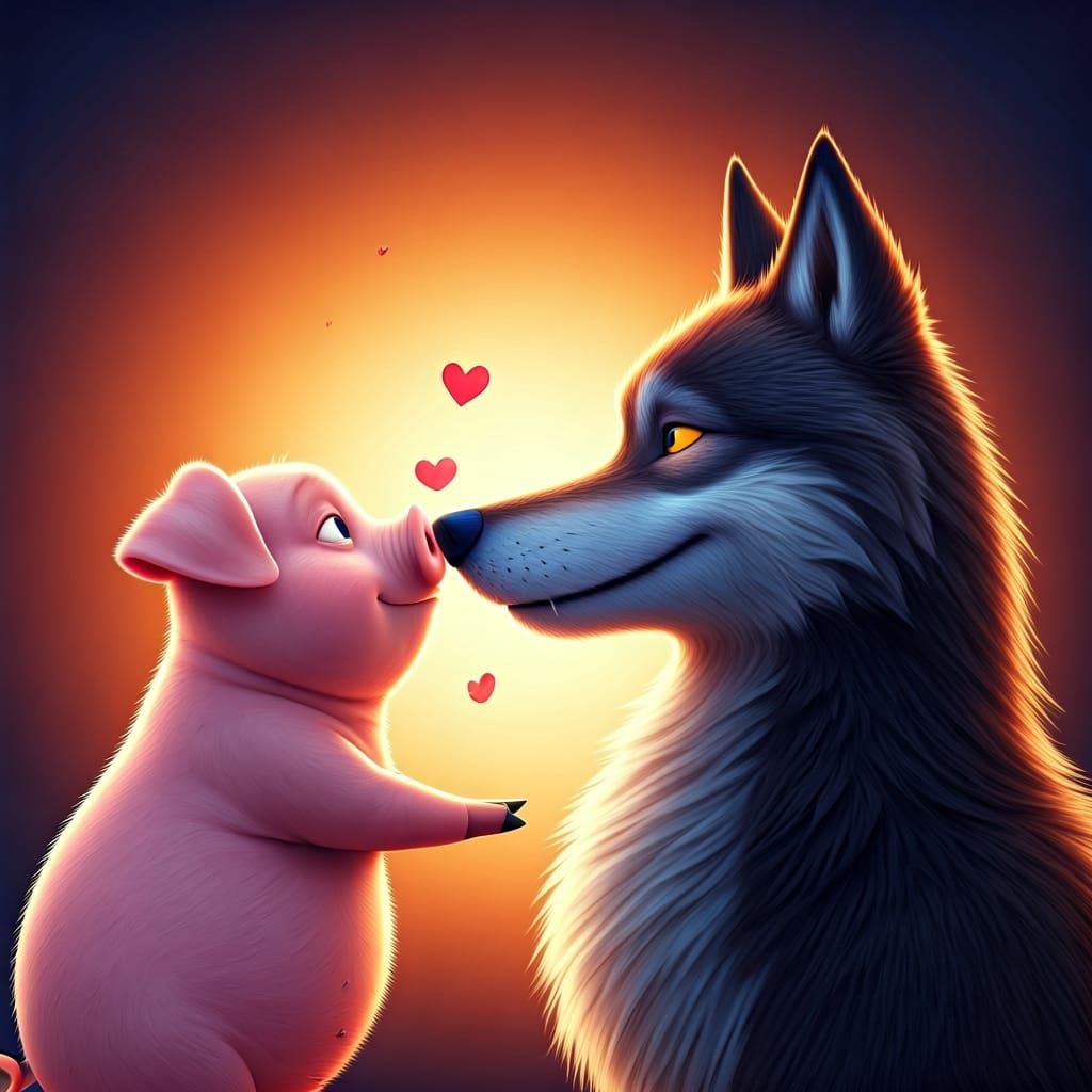 Pig and Wolf in Love: Pixar-Style 3D Art