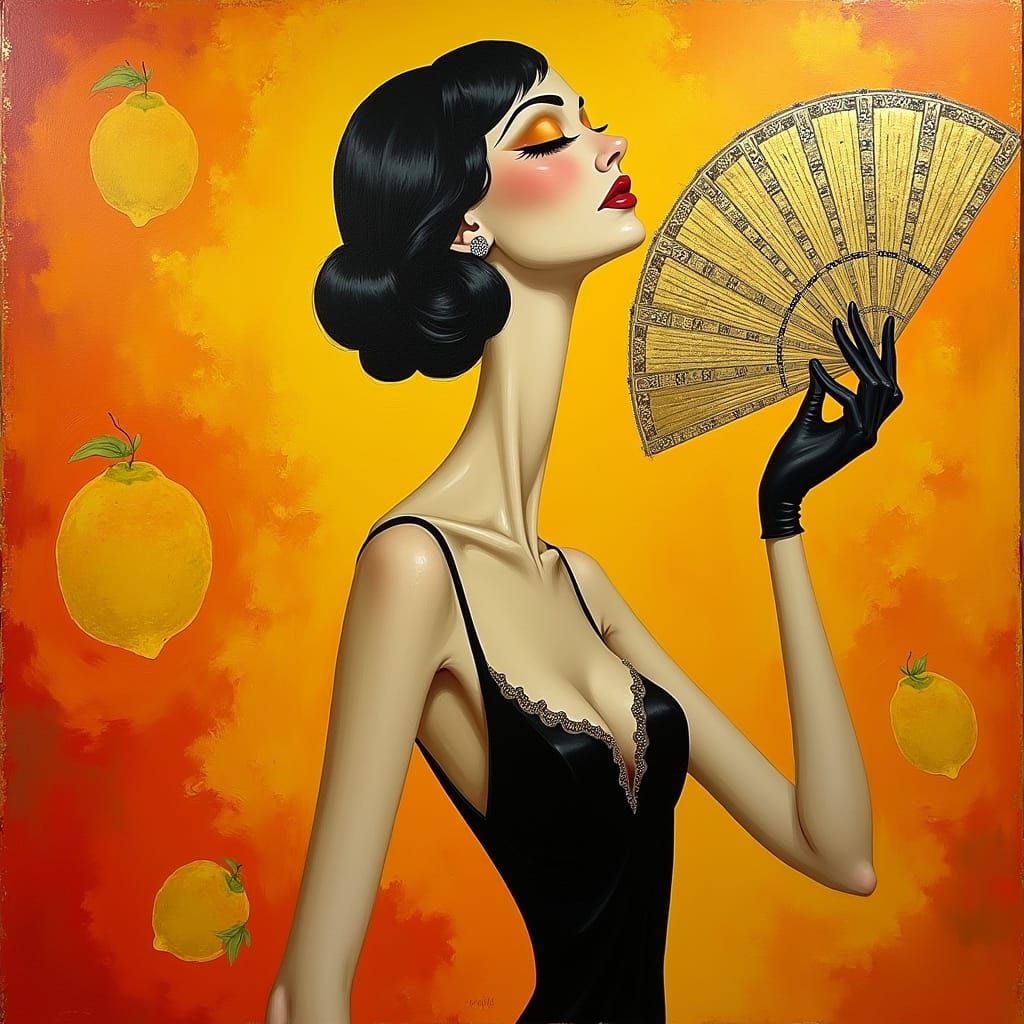 Elegant Art Deco Flapper with Golden Fan in Impasto Style