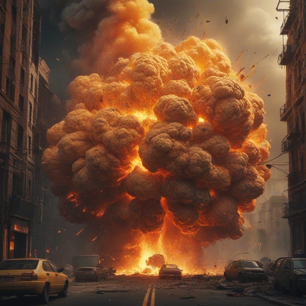 Cyberpunk Cityscape in Fiery Explosion