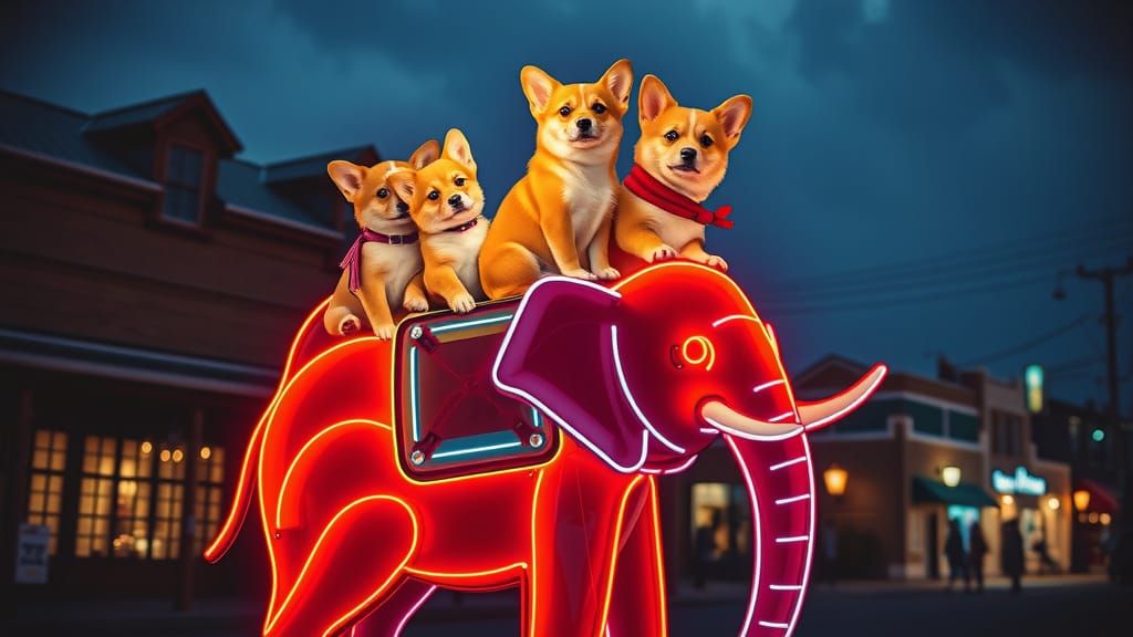 Neon Elephant Escapade with Four Corgi Friends at Night