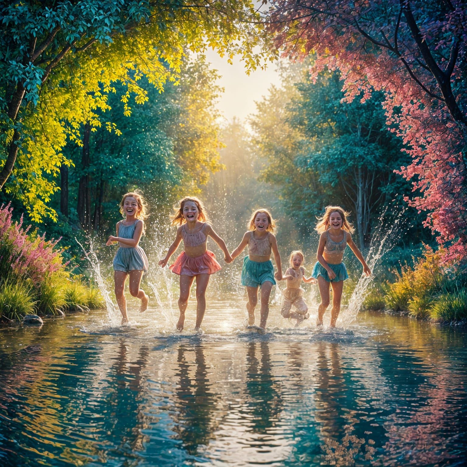 Children's Joy in Sunlit Forest: Impressionistic Painting