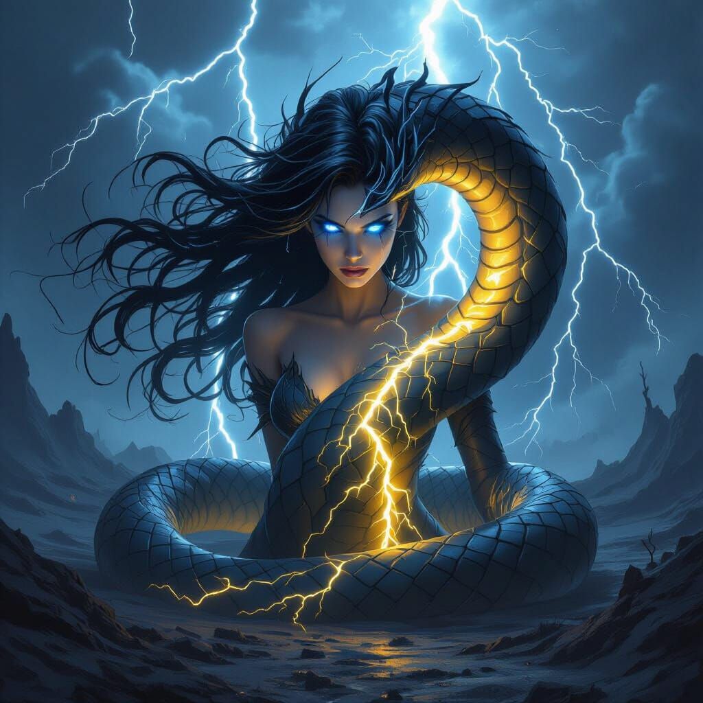Lightning Serpent Elemental With Woman In Dark Fantasy Style