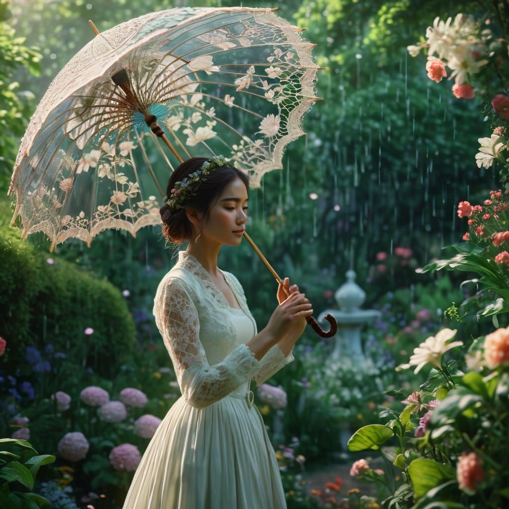 Woman with Intricate Lace Parasol in English Garden