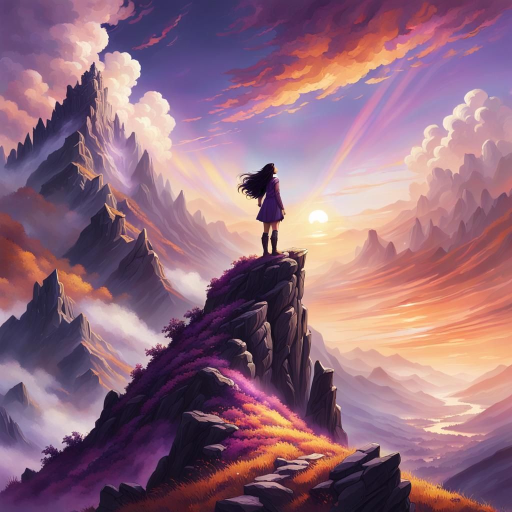 Young Girl at Mountain Top Sunrise: Fantasy Art