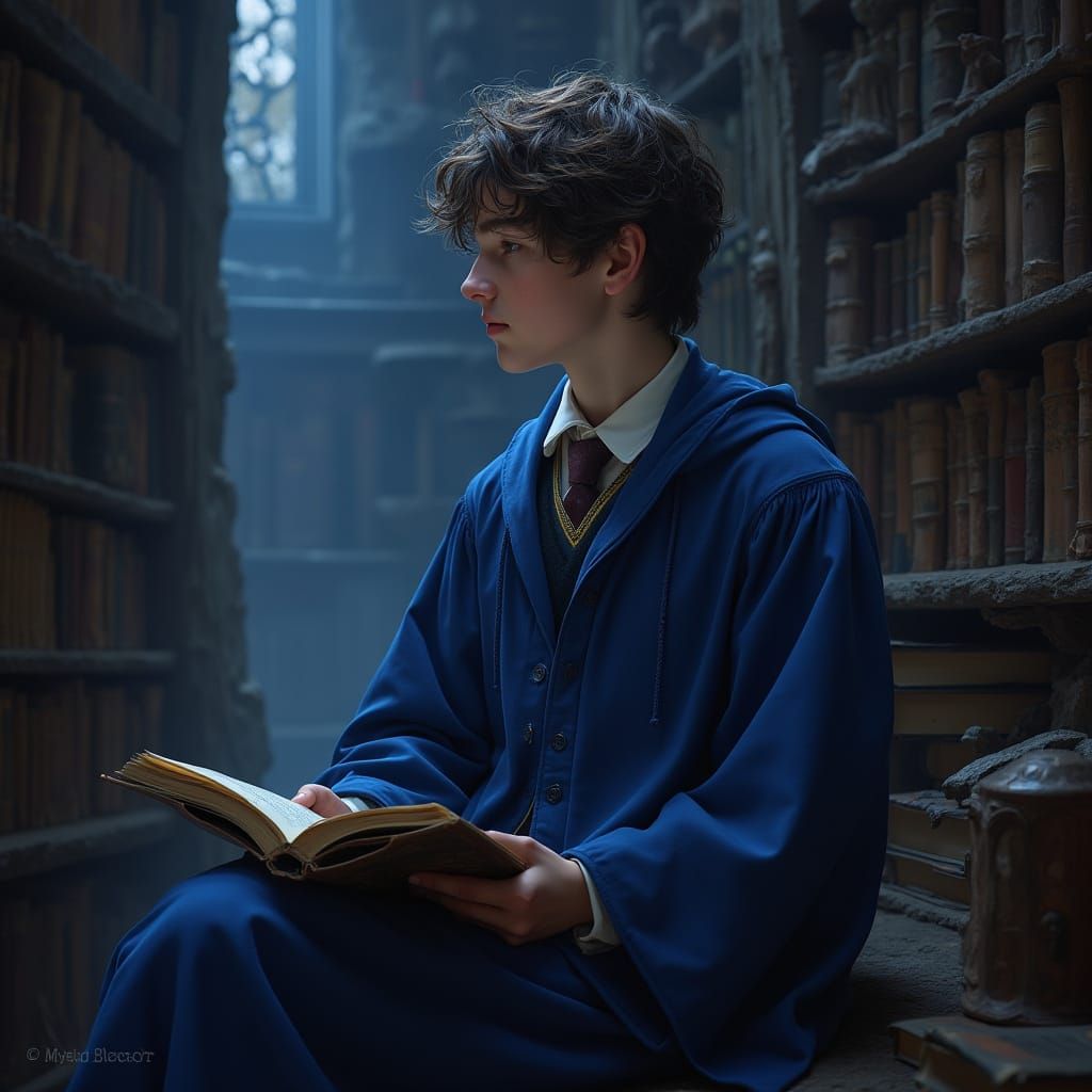 Ravenclaw Student in Magical Library, Fantasy Art