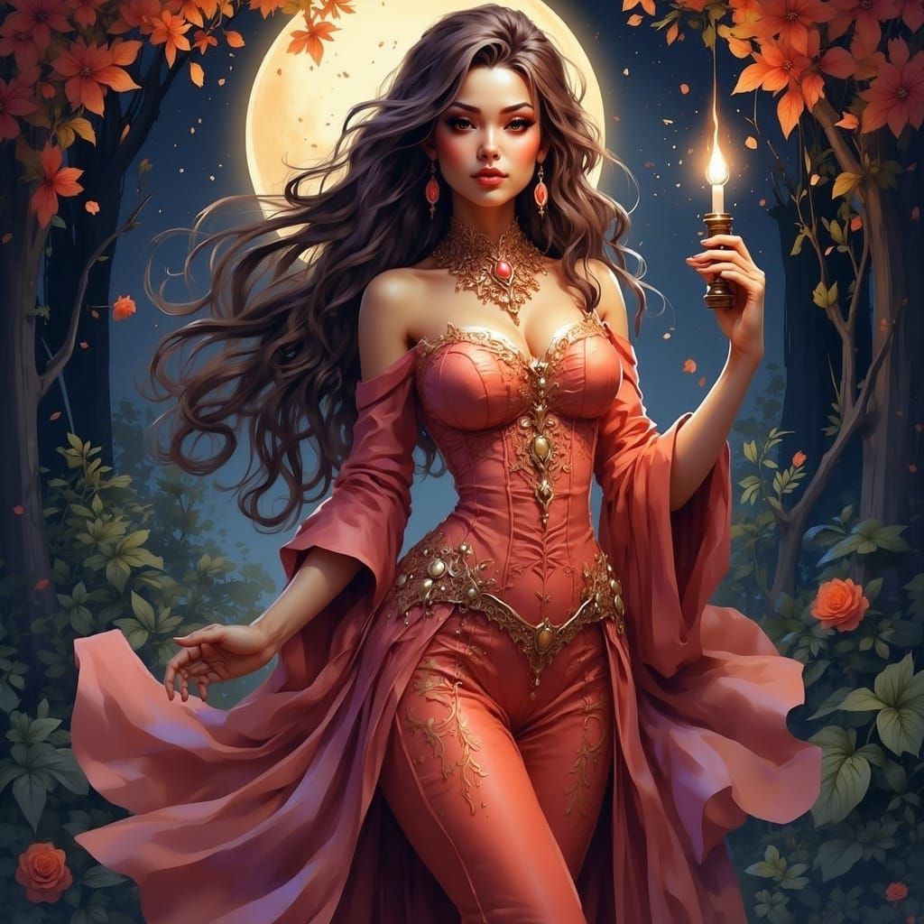 Ethereal Goddess in Regal Red Gown with Orbital Accents