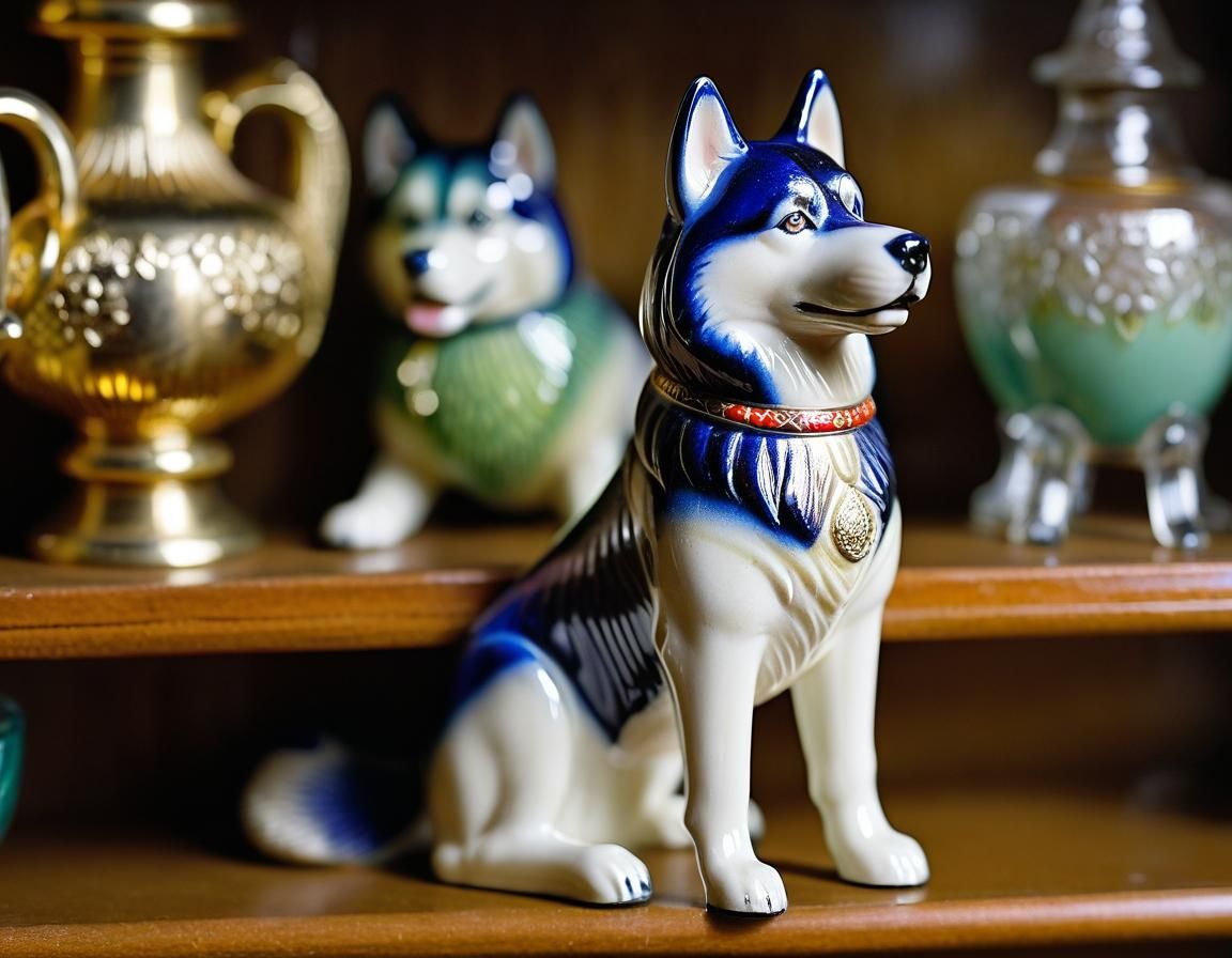 Enameled Glass Husky Figurine Still-Life