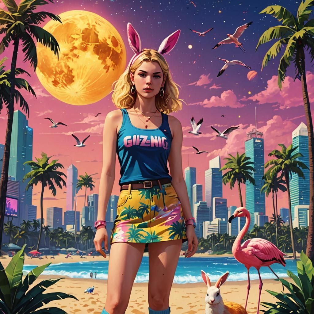 Retro Wave Beach Scene with Galaxy Tank Top