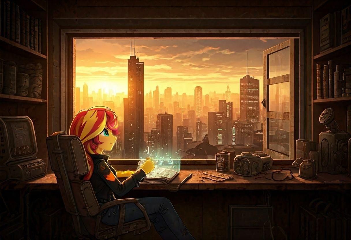Character Writing at Table Overlooking Cyberpunk City