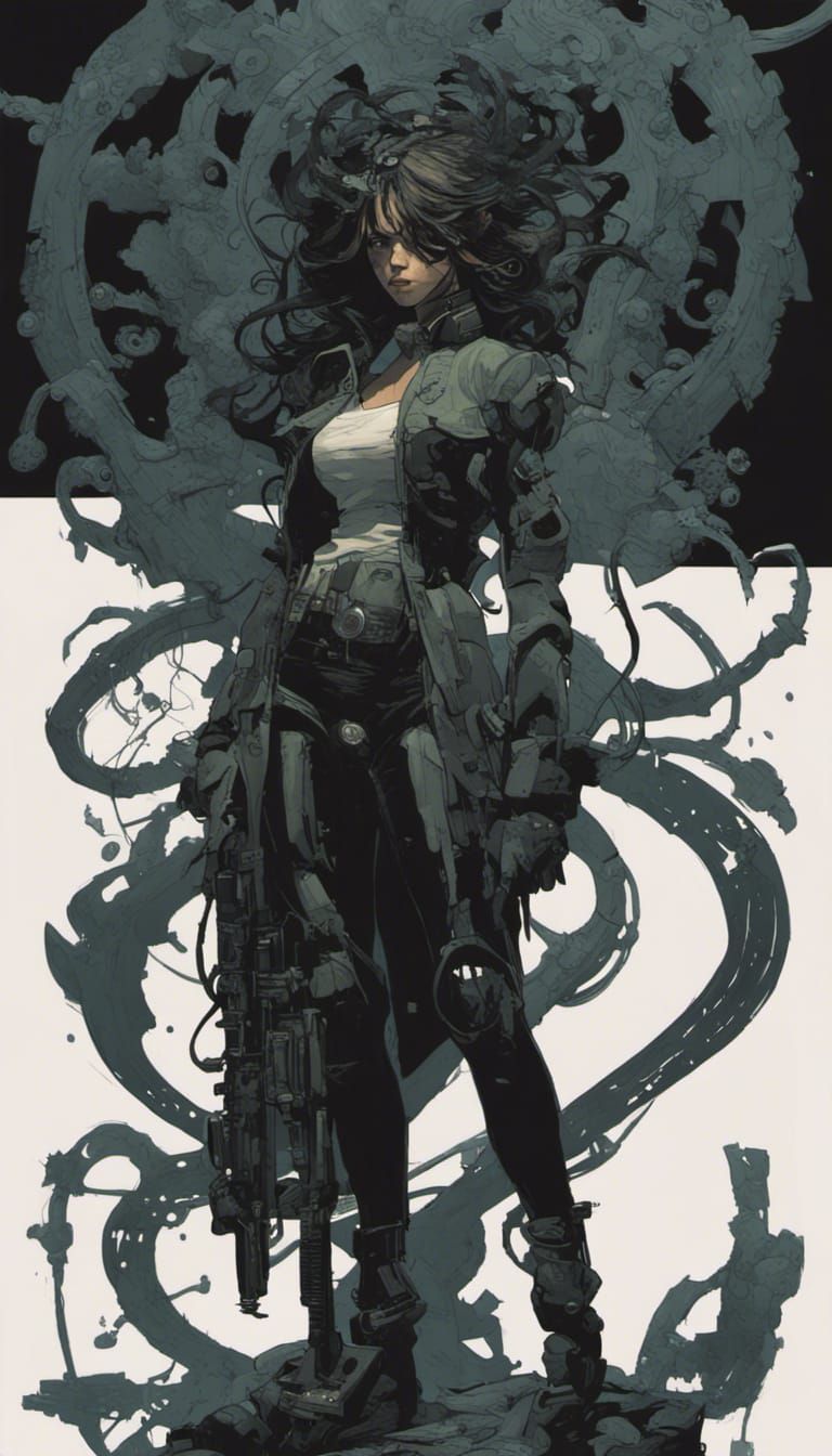 Cyborg Woman with Tentacles in Gothic Comic Style