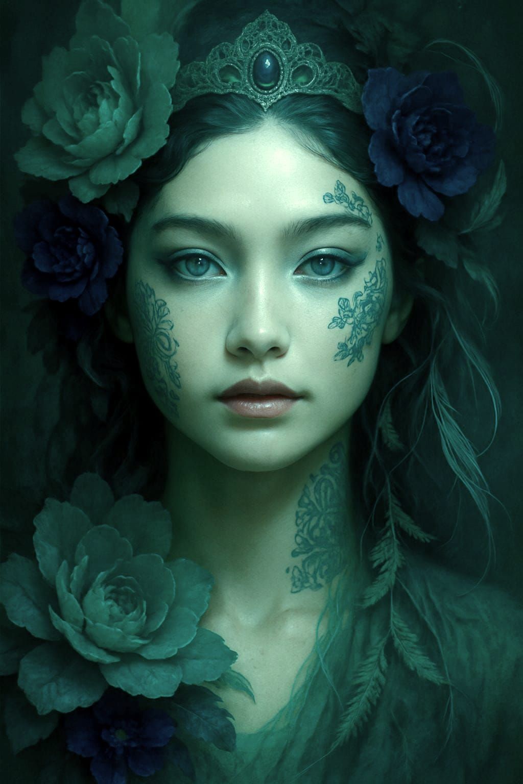 Ethereal Polynesian Woman Portrait in Jade and Sapphire