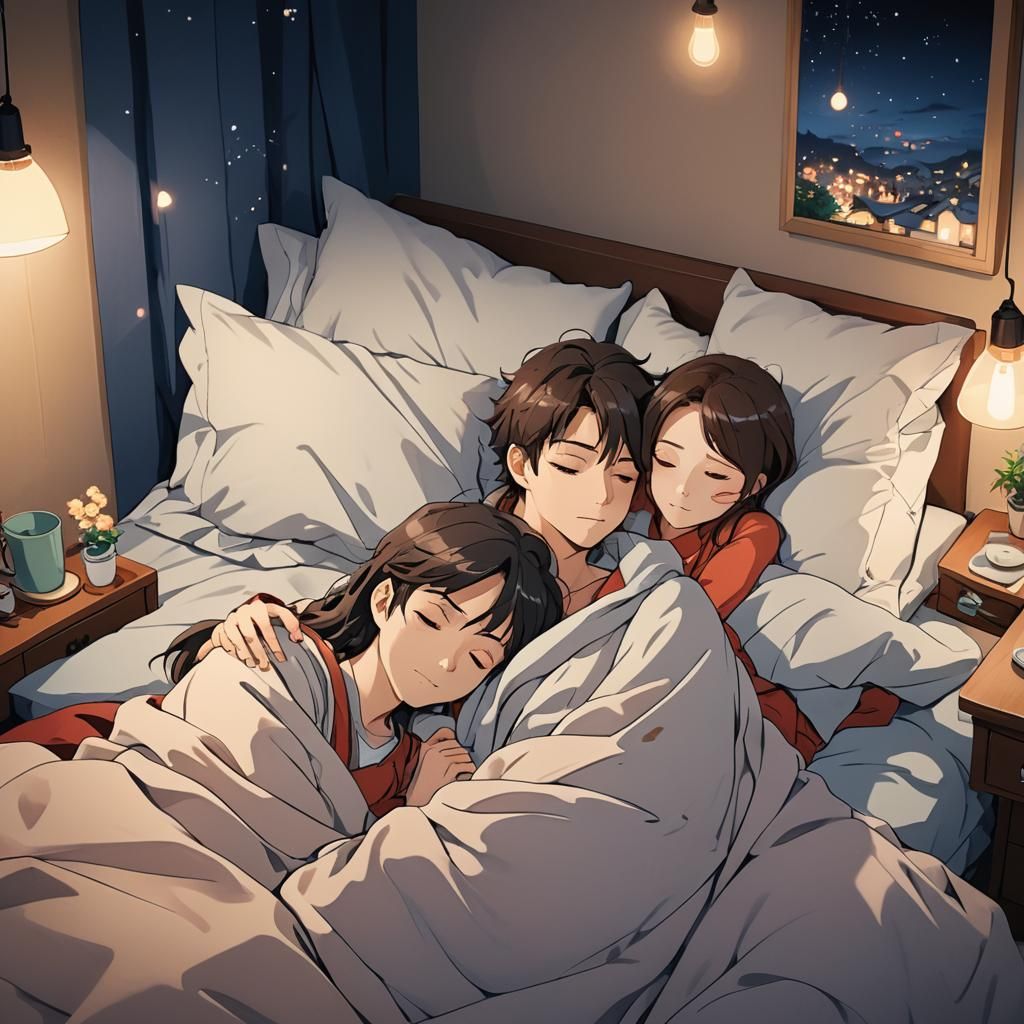 Anime Couple Sleeping in Cozy Bedroom at Night