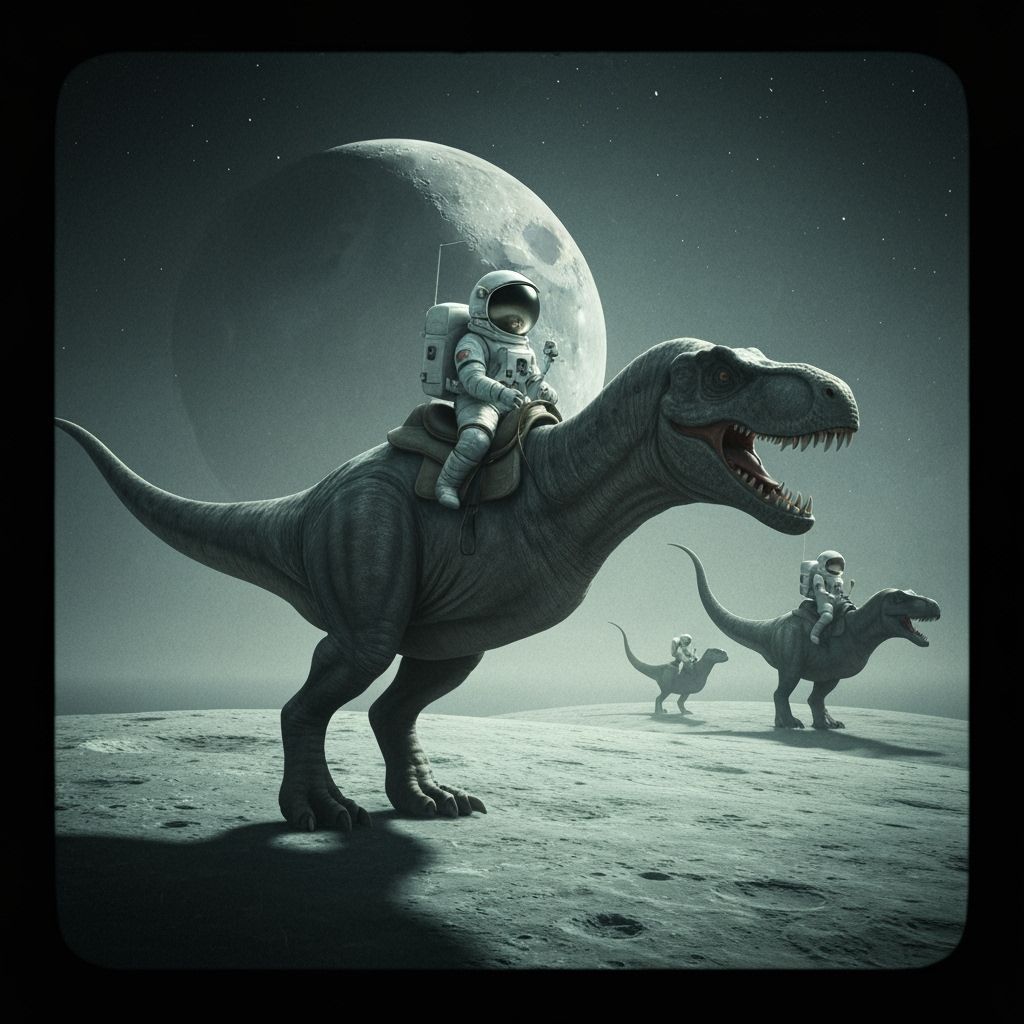 Astronauts Ride Dinosaurs on Moon in Cinematic Style