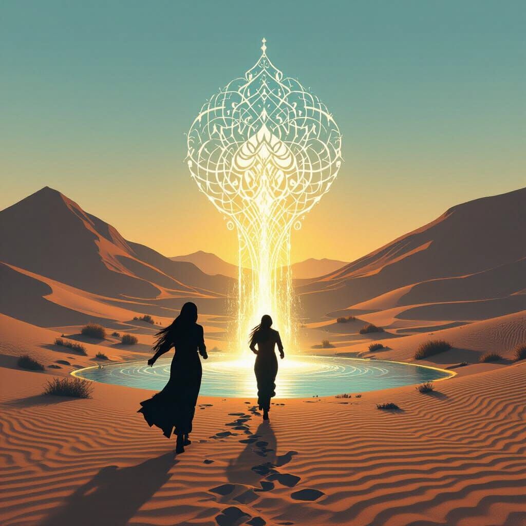 Woman Running Towards Glowing Spring in Desert