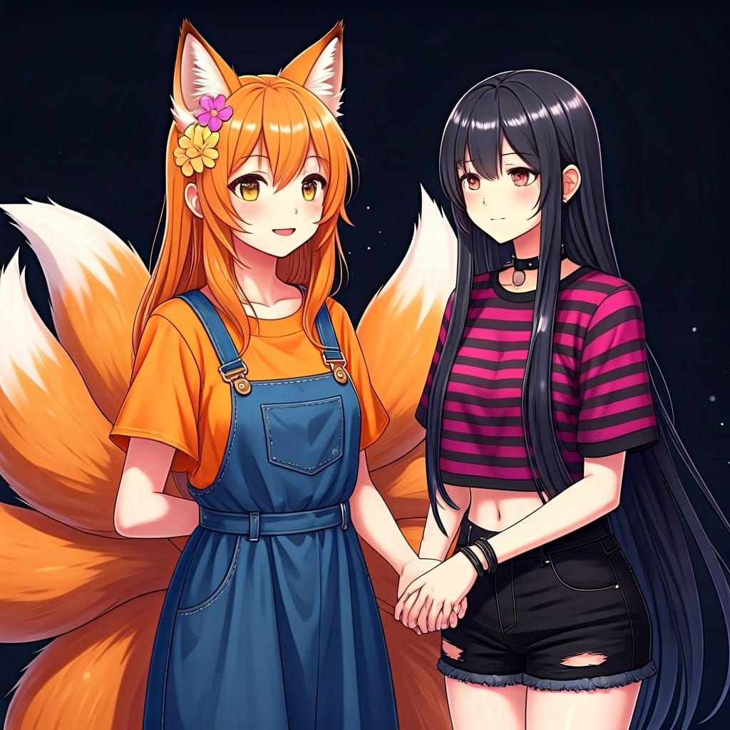 Anime Fox Girl Holding Hands with Anime Girl